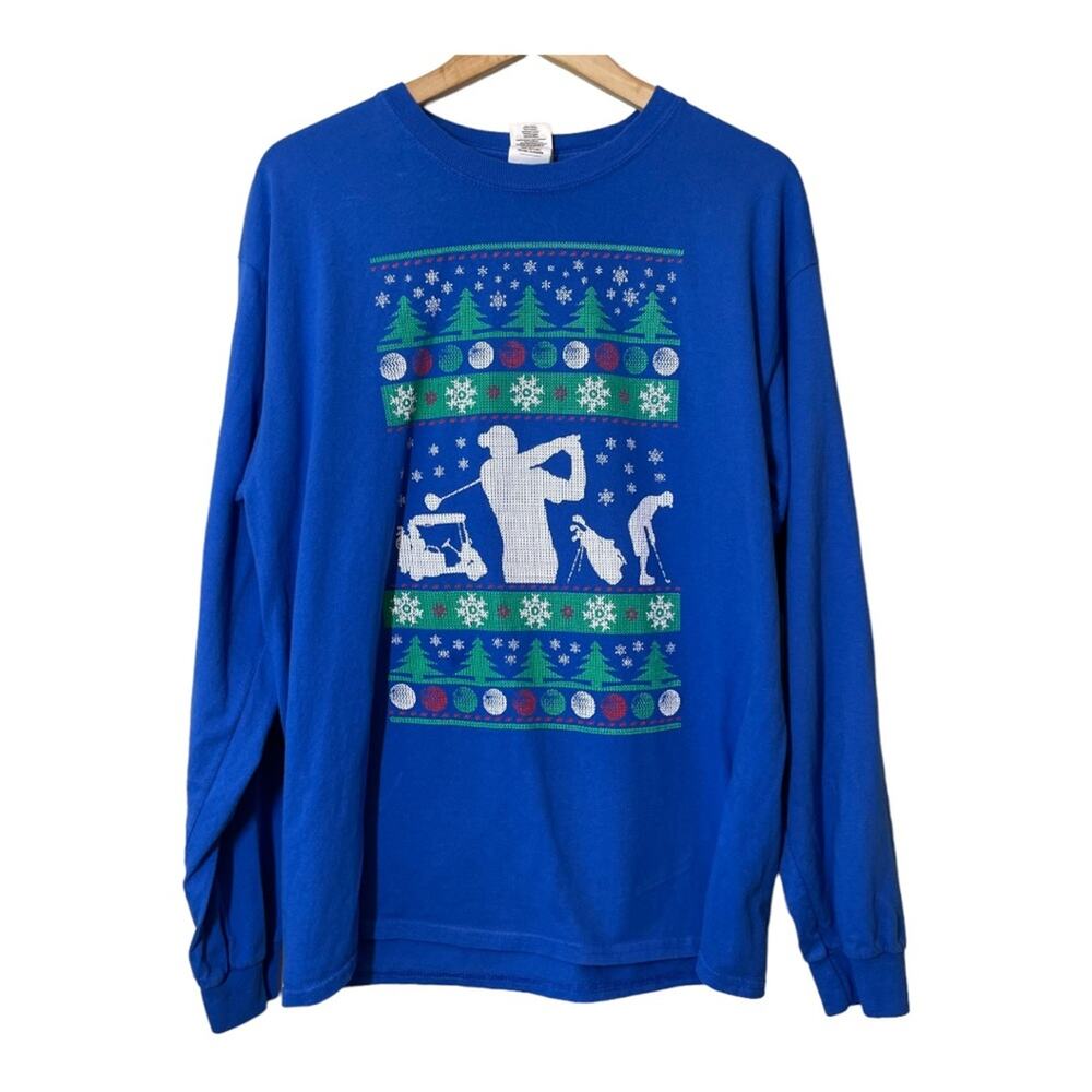 Mens Ugly Christmas Long Sleeve T-Shirt Golf Large Blue Holiday